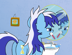 Size: 1331x1012 | Tagged: safe, artist:muffinsforever, minuette, pony, unicorn, g4, brushie, brushing, butt, female, food, horn, magic, mare, messy mane, mirror, muffin, picture, picture frame, plot, reflection, sink, solo, telekinesis, toothbrush, toothpaste, water