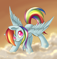 Size: 1569x1651 | Tagged: safe, artist:dusthiel, rainbow dash, pegasus, pony, g4, 2016, cloud, female, mare, on a cloud, outdoors, solo, spread wings, wings