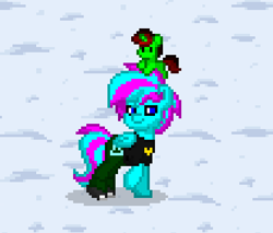 Size: 414x352 | Tagged: safe, oc, oc:cyanized, pegasus, pony, unicorn, pony town, clothes, horn, pegasus oc, plushie, raised hoof, snow, unicorn oc