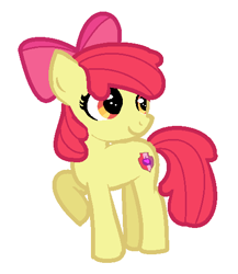 Size: 450x518 | Tagged: safe, artist:sunnyloquacity, apple bloom, earth pony, pony, g4, apple bloom's bow, bow, female, filly, foal, hair bow, raised hoof, simple background, smiling, solo, turned head, white background