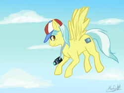 Size: 1024x768 | Tagged: artist needed, safe, tracy flash, pegasus, g4, camera, cloud, flying, hat, signature, sky