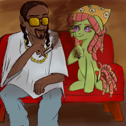 Size: 4096x4096 | Tagged: safe, artist:funnytrickytrixie, tree hugger, earth pony, human, pony, g4, couch, drugs, duo, female, male, mare, marijuana, smoking, snoop dogg