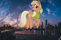 Size: 1600x1067 | Tagged: safe, artist:cheezedoodle96, edit, editor:jaredking779, mane allgood, pegasus, pony, g4, attack on pony, china, clothes, female, giant pony, giantess, grin, guangzhou, highrise ponies, irl, looking at you, macro, mare, photo, ponies in real life, raised hoof, red eyes, shirt, smiling, solo, story included