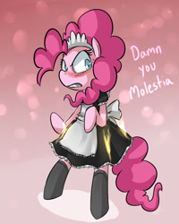 Size: 700x875 | Tagged: safe, artist:uc77, pinkie pie, g4, bipedal, clothes, costume, french maid, gradient background, hotblooded pinkie pie, implied molestia, maid, solo, standing