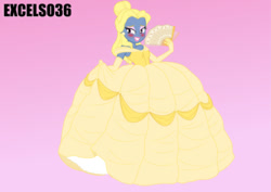 Size: 1130x800 | Tagged: safe, artist:excelso36, oc, oc only, oc:azure/sapphire, human, equestria girls, g4, beauty and the beast, belle, blushing, clothes, crossdressing, dress, femboy, gown, gradient background, makeup, male, nervous, princess costume, princess gown, solo, wig