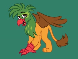 Size: 2048x1536 | Tagged: safe, artist:partyponypower, oc, oc only, oc:kalimu, bird, griffon, hybrid, parrot, parrot griffon, beak, green background, male, paws, simple background, smiling, solo, talons