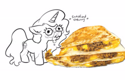 Size: 2056x1351 | Tagged: safe, artist:opalacorn, oc, oc only, pony, unicorn, commission, descriptive noise, eating, female, food, giant food, glasses, horn, mare, meat, ponies eating meat, quesadilla, round glasses, simple background, solo, taco bell, white background