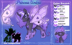 Size: 2400x1494 | Tagged: safe, artist:opalacorn, oc, oc only, oc:princess umbra, changeling, changeling oc, commission, female, glowing, glowing horn, gradient background, horn, purple changeling, reference sheet, solo