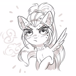 Size: 2700x2700 | Tagged: safe, artist:opalacorn, oc, oc only, oc:void, pegasus, pony, ear fluff, emanata, female, frown, grayscale, looking at you, mare, mole, monochrome, nose piercing, nose ring, piercing, simple background, solo, white background
