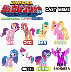 Size: 1066x1080 | Tagged: safe, artist:prixy05, hitch trailblazer, izzy moonbow, luster dawn, misty brightdawn, opaline arcana, pipp petals, sunny starscout, zipp storm, alicorn, earth pony, pegasus, pony, unicorn, g4, g5, cast meme, coat markings, colored wings, female, g5 to g4, generation leap, horn, male, mane five, mane six (g5), mane stripe sunny, pale belly, rebirth misty, simple background, socks (coat markings), sunny's bag, super sentai, white background, wings