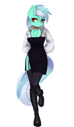 Size: 2387x4093 | Tagged: safe, alternate version, artist:flea, lyra heartstrings, unicorn, anthro, unguligrade anthro, g4, clothes, commission, dress, female, garter belt, horn, mare, shirt, signature, simple background, socks, solo, stockings, thigh highs, white background, ych example, your character here