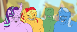 Size: 640x272 | Tagged: safe, artist:scrungbungus, starlight glimmer, sunset shimmer, trixie, oc, oc:anon, human, unicorn, anthro, g4, abomination, curved horn, group, horn, lmao, me and the boys, trace