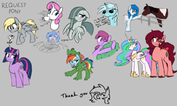 Size: 3000x1800 | Tagged: safe, artist:thebatfang, berry punch, berryshine, derpy hooves, lyra heartstrings, marble pie, princess celestia, rainbow dash, twilight sparkle, twinkleshine, oc, oc:lucky roll, oc:red woods, alicorn, earth pony, horse, pegasus, unicorn, g4, alternate hairstyle, bush, clothes, costume, cup, eyes open, female, fence, flower, gray background, gun, handgun, horn, hug, imported from twibooru, l.u.l.s., larger female, looking at each other, looking at someone, nikocado avocado, numget, one eye closed, one eye open, piebald coat, pistol, png, race swap, red eyes, simple background, sipping, size difference, sketch, sketch dump, smaller female, teacup, unicorn twilight, weapon