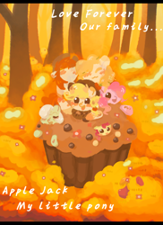 Size: 1600x2200 | Tagged: safe, artist:苏桑柠, apple bloom, applejack, big macintosh, bright mac, granny smith, pear butter, pinkie pie, earth pony, pony, g4, :3, apple family, blushing, female, filly, flower, foal, food, forest, male, mare, muffin, nature, sleeping, stallion, text, tree