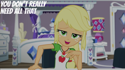 Size: 2000x1125 | Tagged: safe, edit, edited screencap, editor:quoterific, screencap, applejack, camping must-haves, equestria girls, g4, my little pony equestria girls: better together, bed, female, rarity's bedroom, solo