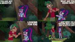 Size: 2000x1125 | Tagged: safe, edit, edited screencap, editor:quoterific, screencap, sci-twi, timber spruce, twilight sparkle, equestria girls, g4, my little pony equestria girls: legend of everfree, forest, glasses, nature, tree