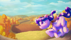 Size: 3840x2160 | Tagged: safe, artist:noasha, twilight sparkle, pony, unicorn, g4, clothes, cloud, female, field, grass, high res, horn, mare, nature, outdoors, scarf, scenery, sky, smiling, solo, tree, unicorn twilight