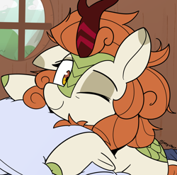 Size: 2168x2142 | Tagged: safe, artist:icey, autumn blaze, kirin, g4, awwtumn blaze, bed mane, cute, daaaaaaaaaaaw, female, kirinbetes, looking at you, morning ponies, one eye closed, pillow, sleepy, smiling, smiling at you, solo, weapons-grade cute, wink, winking at you