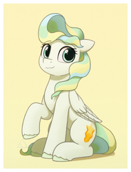 Size: 1900x2500 | Tagged: safe, artist:fchelon, vapor trail, pegasus, pony, g4, :3, cute, eyebrows, eyebrows visible through hair, female, folded wings, high res, looking at you, mare, raised hoof, shy, simple background, sitting, smiling, smiling at you, solo, vaporbetes, wings, yellow background