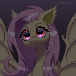 Size: 2400x2400 | Tagged: safe, artist:e-boi, fluttershy, bat pony, pony, g4, bat ears, bat ponified, bat wings, fangs, female, flutterbat, gradient background, high res, looking at you, mare, open mouth, race swap, signature, solo, spread wings, wings