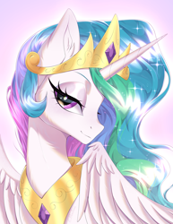 Size: 2700x3500 | Tagged: safe, artist:e-boi, princess celestia, alicorn, pony, g4, blushing, bust, crown, cute, cutelestia, digital art, ethereal mane, eyelashes, eyeshadow, feather, female, flowing mane, folded wings, gem, glowing, high res, horn, jewelry, lidded eyes, long mane, looking at you, makeup, mare, multicolored hair, partially open wings, peytral, pink background, pink eyes, portrait, regalia, simple background, smiling, smiling at you, solo, sparkles, starry mane, stars, sternocleidomastoid, wings