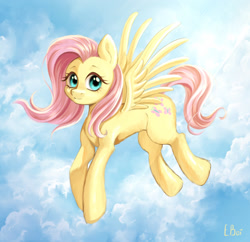 Size: 1280x1241 | Tagged: safe, artist:e-boi, fluttershy, pegasus, pony, g4, cloud, crepuscular rays, cute, female, flying, looking at you, mare, outdoors, shyabetes, signature, sky, smiling, smiling at you, solo, spread wings, wings