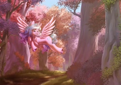 Size: 3000x2095 | Tagged: safe, artist:e-boi, izzy moonbow, alicorn, pony, g5, alicornified, commission, concave belly, female, flying, forest, grass, high res, horn, izzycorn, mare, nature, open mouth, open smile, outdoors, race swap, scenery, smiling, solo, spread wings, tree, unshorn fetlocks, wings