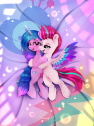 Size: 1417x1890 | Tagged: safe, artist:darksly, izzy moonbow, zipp storm, pegasus, pony, unicorn, g5, adorazipp, blanket, blushing, colored eyebrows, colored wings, colored wingtips, commission, cuddling, cute, duo, duo female, eye contact, eyebrows, female, horn, hug, izzybetes, lesbian, lidded eyes, looking at each other, looking at someone, mare, multicolored wings, open mouth, open smile, ship:zippzzy, shipping, signature, smiling, smiling at each other, spread wings, unshorn fetlocks, wings