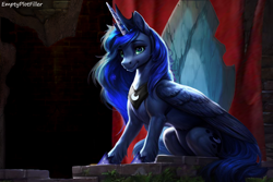 Size: 1152x768 | Tagged: safe, ai assisted, ai content, artist:emptyplotfiller, princess luna, alicorn, pony, fanfic:crossing the trixie bridge:a new life in the crystal empire, g4, castle of the royal pony sisters, drunk, horn, solo