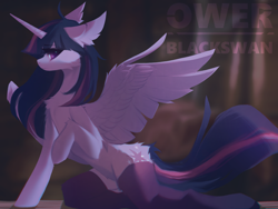 Size: 2704x2036 | Tagged: safe, artist:blcksswn, twilight sparkle, alicorn, pony, g4, belly fluff, big ears, blurry background, butt fluff, cheek fluff, chest fluff, clothes, ear fluff, eye clipping through hair, eyebrows, eyebrows visible through hair, female, floppy ears, frown, high res, horn, long horn, long socks, looking back, lying down, mare, multicolored mane, multicolored tail, profile, purple coat, purple eyes, purple mane, purple tail, raised hoof, slender, socks, solo, spread wings, stockings, straight mane, straight tail, tail, thigh highs, thin, twilight sparkle (alicorn), unicorn horn, watermark, wingding eyes, wings