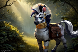 Size: 3072x2048 | Tagged: safe, ai assisted, ai content, artist:emptyplotfiller, zecora, zebra, fanfic:crossing the trixie bridge:a new life in the crystal empire, g4, bag, everfree forest, saddle bag, solo