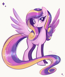 Size: 2549x3000 | Tagged: safe, artist:askometa, princess cadance, pegasus, pony, g4, alternate design, blushing, curly mane, curly tail, eyebrows, eyebrows visible through hair, eyelashes, eyeshadow, female, full body, long tail, looking at you, makeup, mare, multicolored hair, multicolored mane, pegasus cadance, pink coat, purple eyes, simple background, smiling, smiling at you, solo, sparkles, spread wings, standing, tail, three quarter view, white background, wings