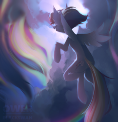 Size: 1926x1992 | Tagged: safe, artist:blcksswn, rainbow dash, pegasus, pony, g4, abstract background, big ears, cheek fluff, chest fluff, cloud, concave belly, ear fluff, female, flying, hooves in air, in air, leg fluff, lineless, long tail, mare, multicolored hair, multicolored mane, multicolored tail, open mouth, open smile, rainbow hair, rainbow tail, rear view, sky, smiling, solo, sonic rainboom, spread wings, tail, watermark, wings