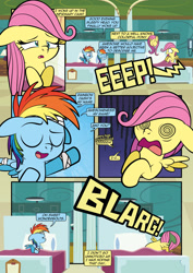 Size: 1920x2715 | Tagged: safe, artist:alexdti, fluttershy, rainbow dash, pegasus, pony, comic:how we met, g4, bed, female, filly, filly fluttershy, filly rainbow dash, green face, hospital, hospital bed, misspelling, stress vomit, swirly eyes, vomit, vomiting, younger