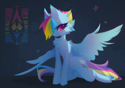 Size: 1524x1080 | Tagged: safe, artist:blcksswn, rainbow dash, pegasus, pony, g4, cheek fluff, chest fluff, female, fluffy, hair over one eye, kneeling, mare, smiling, solo, spread wings, wings