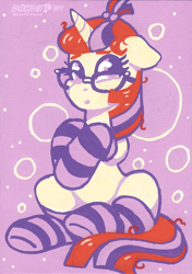 Size: 2918x4152 | Tagged: safe, artist:dandy, moondancer, pony, unicorn, g4, acrylic painting, clothes, female, floppy ears, glasses, high res, horn, limited palette, looking at you, mare, messy mane, sitting, socks, solo, striped socks, traditional art