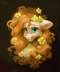 Size: 2002x2410 | Tagged: safe, artist:teaflower300, pear butter, earth pony, pony, g4, black background, bust, buttercup, cheek fluff, chest fluff, ear fluff, female, floppy ears, flower, flower in hair, high res, looking at you, mare, smiling, smiling at you, solo