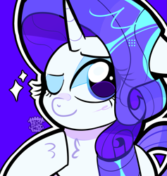 Size: 1021x1078 | Tagged: safe, artist:acid-fangs, part of a set, rarity, pony, unicorn, g4, blue background, bust, chest fluff, eye clipping through hair, female, hoof on chest, horn, icon, looking at you, mare, one eye closed, simple background, solo, sparkles, watermark, wink, winking at you