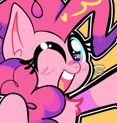 Size: 1021x1078 | Tagged: safe, artist:acid-fangs, part of a set, pinkie pie, earth pony, pony, g4, bust, chest fluff, female, icon, looking at you, mare, one eye closed, open mouth, open smile, simple background, smiling, smiling at you, solo, watermark, wink, winking at you, yellow background