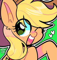 Size: 1021x1078 | Tagged: safe, artist:acid-fangs, part of a set, applejack, earth pony, pony, g4, eye clipping through hair, female, green background, heart, icon, looking at you, mare, one eye closed, open mouth, open smile, simple background, smiling, smiling at you, solo, watermark, wink, winking at you