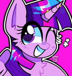 Size: 1021x1078 | Tagged: safe, artist:acid-fangs, part of a set, twilight sparkle, alicorn, pony, g4, bust, chest fluff, cute, eye clipping through hair, female, hoof on chest, icon, looking at you, mare, one eye closed, purple background, simple background, smiling, smiling at you, solo, sparkles, stars, twiabetes, twilight sparkle (alicorn), watermark, wings, wink, winking at you