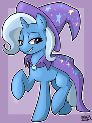 Size: 1536x2048 | Tagged: safe, artist:strangerdanger, trixie, pony, unicorn, g4, brooch, cape, clothes, eyebrows, female, hat, horn, jewelry, lidded eyes, mare, raised hoof, raised leg, signature, smiling, solo, trixie's brooch, trixie's cape, trixie's hat