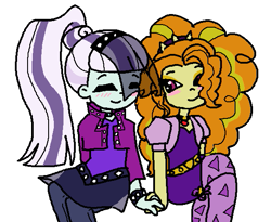 Size: 577x472 | Tagged: safe, artist:sunnyloquacity, adagio dazzle, coloratura, equestria girls, g4, adatura, blushing, countess coloratura, female, holding hands, lesbian, requested art, shipping, simple background, white background