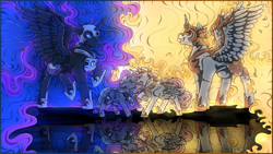 Size: 1280x720 | Tagged: safe, artist:binibean, daybreaker, nightmare moon, princess celestia, princess luna, alicorn, pony, g4, cewestia, duality, duo, female, filly, pink-mane celestia, reflection, royal sisters, siblings, sisters, spread wings, wings, woona, younger