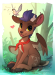 Size: 1780x2430 | Tagged: safe, artist:yakovlev-vad, oc, oc only, oc:arny, bird, deer, deer pony, original species, peryton, pony, big ears, cloven hooves, colored, colored wings, concave belly, cute, forest background, heart, lacrimal caruncle, looking at you, multicolored wings, open mouth, pale belly, quadrupedal, shading, sitting, slender, solo, thin, underhoof, wings