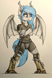 Size: 2257x3387 | Tagged: safe, artist:cmdraj, oc, oc only, oc:midnight dagger, bat pony, pony, semi-anthro, artificial hands, clothes, cybernetic legs, cyberpunk, female, gun, handgun, holster, knee pads, mare, pistol, simple background, soldier, solo, traditional art, white background