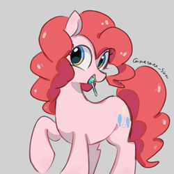 Size: 4096x4096 | Tagged: safe, artist:metaruscarlet, pinkie pie, earth pony, pony, g4, candy, food, gray background, lollipop, open mouth, simple background, solo