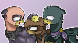 Size: 3264x1835 | Tagged: safe, artist:beesmeliss, grampa gruff, king guto, oc, oc:gwymeth, griffon, younger