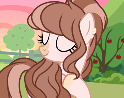 Size: 1363x1080 | Tagged: safe, artist:cstrawberrymilk, oc, oc only, oc:strawberry milk, pony, g4, apple, apple tree, female, fence, mare, solo, tree