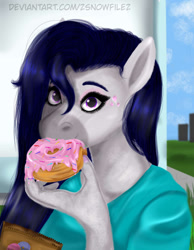 Size: 1024x1320 | Tagged: safe, artist:zsnowfilez, oc, oc:belladonna nightshade, anthro, donut, food, nom, solo